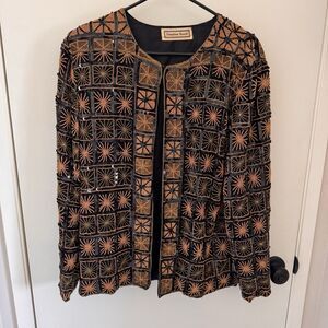 Vintage Creative Touch Beaded Sequin Jacket Art Deco Geometric Orange/Black 80s